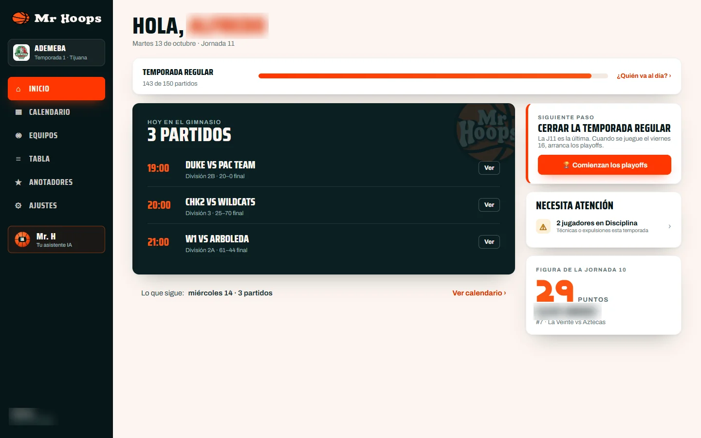 Panel de administración de MrHoops con los partidos del día