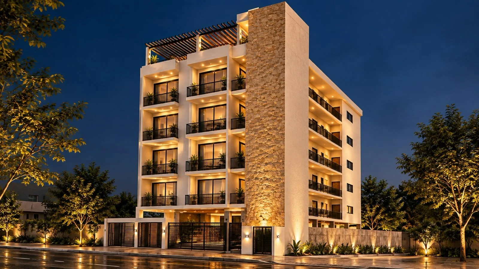 Render nocturno de la fachada de Porto Belo